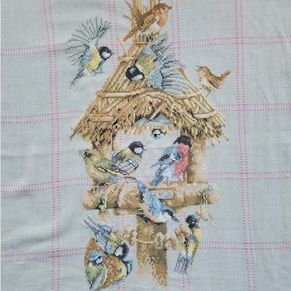 Vtg Handmade Needlepoint Cross Stitch Throw Blanket Birdhouse Birds Fringe